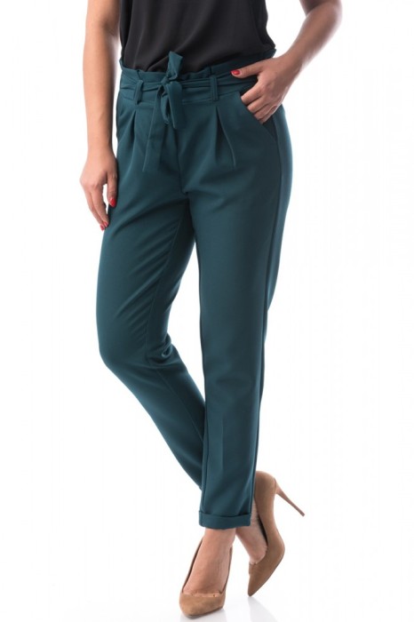 E756-12 Pantaloni casual, cu talie inalta decorata cu cordon