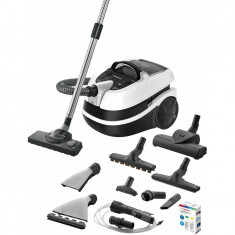 Aspirator cu spalare 3in1 Bosch Aqua WashClean BWD421PRO, 2100 W, perie Turbo, 2.5 l sac, 5 l recipient, filtru Hepa H13, alb