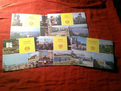 5 Ilustrate URSS cca 1970 - Capitale Sovietice Socialiste si Emblemele lor : Baku , Talin , Kiev, Minsk Taskent foto