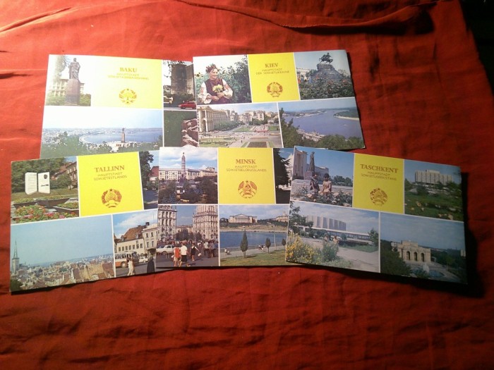 5 Ilustrate URSS cca 1970 - Capitale Sovietice Socialiste si Emblemele lor : Baku , Talin , Kiev, Minsk Taskent