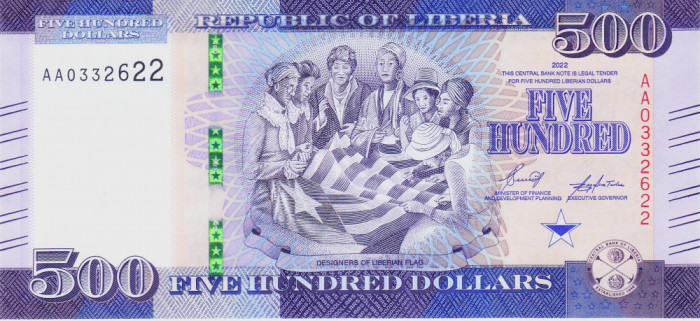 Bancnota Liberia 500 Dolari 2022 - PNew UNC