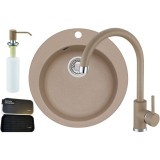 Pachet chiuveta bucatarie Alveus Victoria 10 + baterie Alveus Kati + dozator detergent lichid + organizator, adancime cuva 19cm, diametru 50.5 cm, bej