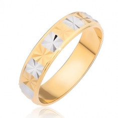 Inel lucios - auriu cu dreptunghiuri argintii cu tăietură de diamant - Marime inel: 55