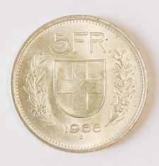 ELVETIA 5 FRANCI 1966 ARGINT AUNC UNC CU LUCIU ( CITITI DESCRIEREA )
