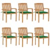 Set 6 Scaune Gradina Stivuibile Lemn Tec, Perne Verzi, Gossi. Exterior, Rezistent Intemperii. 60x57.5x90cm