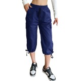 Femei pantaloni cargo 3/4 cu talie elastică, 6 buzunare, manșete reglabile, elastici &ndash; Albastru marin XL