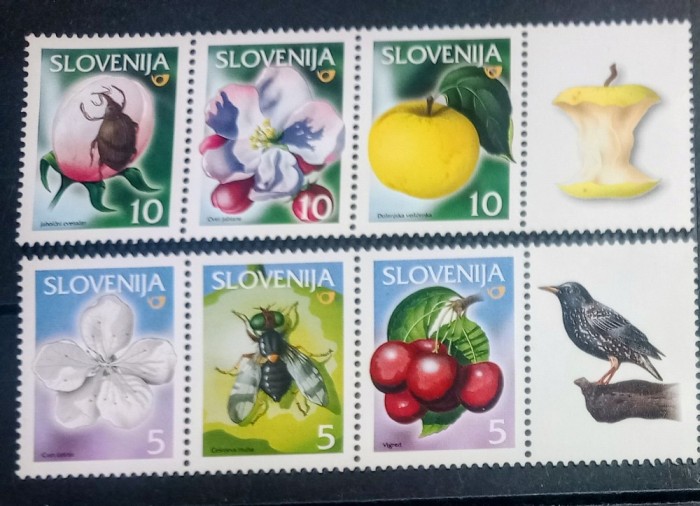Slovenia 2000 flori, fructe cireși și mere, albine, g&acirc;ndaci , doua ștraifuri + vigneta nestampilat