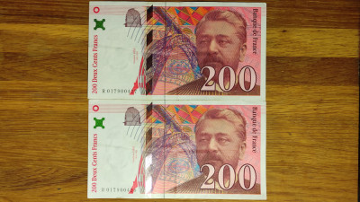 Franta - bancnote serii consecutive - 200 franci francs 1996 - Gustave Eiffel ! foto