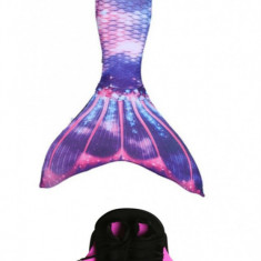 Set 2 piese Costum de baie Sirena Printesa Ariel THK®, coada sirena si fina inot, Alb fildes/Roz, 110 cm