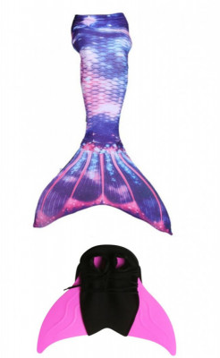 Set 2 piese Costum de baie Sirena Printesa Ariel THK&amp;reg;, coada sirena si fina inot, Alb fildes/Roz, 110 cm foto