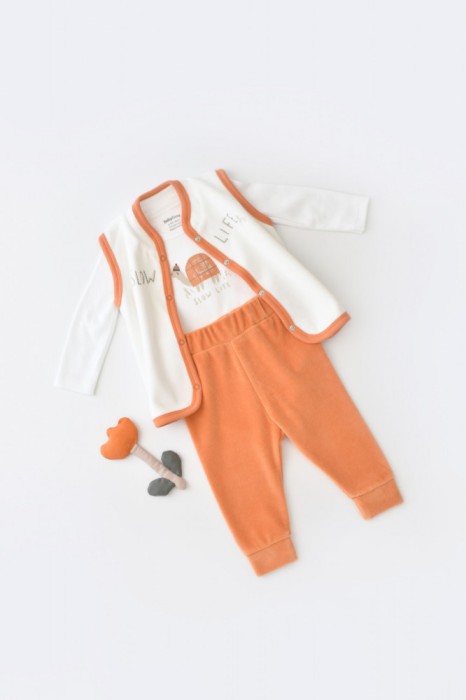 Set 3 piese Broscuta cu body, pantalonasi si vestuta din 80%bumbac organic si 20% poliester - Portocaliu, BabyCosy (Marime: 3-6 Luni)