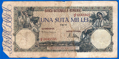 (45) BANCNOTA ROMANIA - 100.000 LEI 1946 (28 MAI 1946), FILIGRAN ORIZONTAL foto
