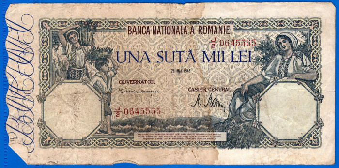 (45) BANCNOTA ROMANIA - 100.000 LEI 1946 (28 MAI 1946), FILIGRAN ORIZONTAL