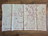# Peretar vechi cusut de mana pe panza, cu ata rosie, cu text in limba maghiara, Transilvania, fata la castel, 49cm x 81cm