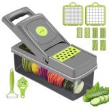 Razătoare Multifuncțională ,fructe si legume, 14 piese, Accesorii ,Maner Protectie, Gri/Verde