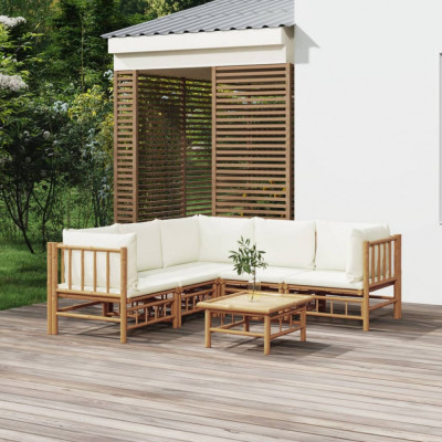 vidaXL Set mobilier de grădină cu perne alb crem, 6 piese, bambus foto