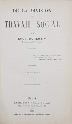 DE LA DIVISION DU TRAVAIL SOCIAL par EMILE DURKHEIM - PARIS, 1922 foto
