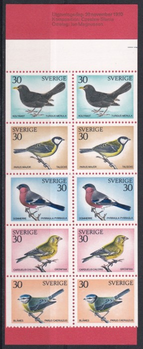 Suedia 1970 - Păsări suedeze, Carnet cu 2 Serii, NDT stg. si dr.
