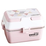 Lunch box Pufo cu 3 compartimente si vas interior din inox, etans, pentru mancare, pranz, scoala sau birou, roz