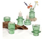 Cumpara ieftin Set suporturi de lumanari Tealight Stalp- verde , sticla groasa cu efect prisma, design elegant pentru nunta si decor masa