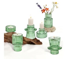 Set suporturi de lumanari Tealight Stalp- verde , sticla groasa cu efect prisma, design elegant pentru nunta si decor masa foto