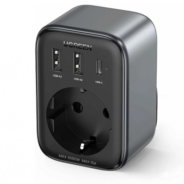 Incarcator Retea UGREEN CD314, 30W, 3A, 2 x USB-A - 1 x USB-C - 1 x Schuko, Negru