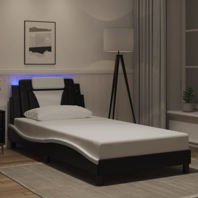 vidaXL Cadru de pat cu LED, negru și alb, 100x200 cm, piele ecologică 3214006 foto