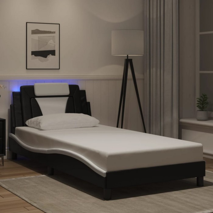 vidaXL Cadru de pat cu LED, negru și alb, 100x200 cm, piele ecologică 3214006