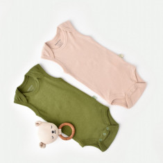 Set 2 body-uri fara maneci bebe unisex din bumbac organic si modal - Verde/Blush, BabyCosy (Marime: 18-24 Luni)