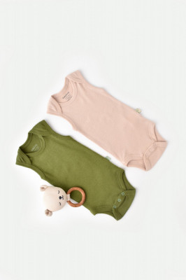 Set 2 body-uri fara maneci bebe unisex din bumbac organic si modal - Verde/Blush, BabyCosy (Marime: 9-12 luni) foto