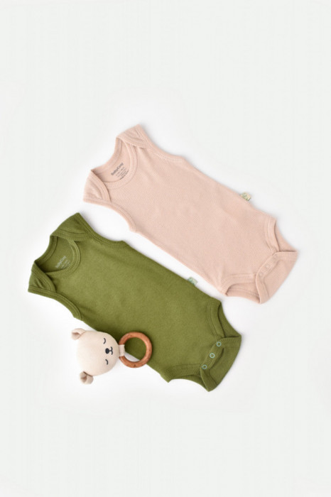 Set 2 body-uri fara maneci bebe unisex din bumbac organic si modal - Verde/Blush, BabyCosy (Marime: 0-3 Luni)