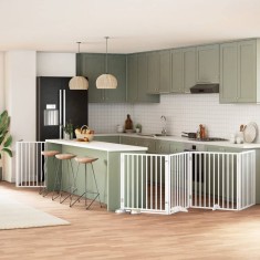 vidaXL Poartă c&acirc;ini pliabilă cu ușă 8 panouri, alb, 640 cm, lemn plop 3155566