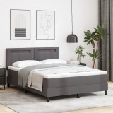 Pat cu arcuri vidaXL gri cu saltea 160x200 cm din piele ecologică, Tăblie vidaXL design simplu gri 160 cm din piele ecologică