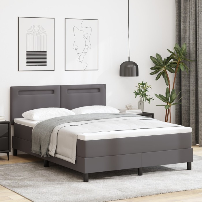 vidaXL Pat box cu saltea gri, 140 x 190 cm, din piele sintetică.