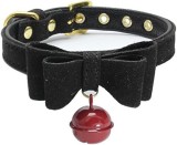 Guler cu papion si clopotel pentru caini Mcdobexy, piele PU/metal/ textil, negru/auriu/rosu S, 27-33 cm