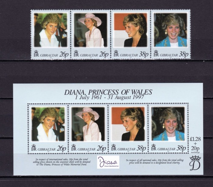 ✅( S7 ) Gibraltar 1998 &quot;Printesa Diana- in memoriam &quot; , colita 32/suprataxa + serie Michel 818/821 , MNH