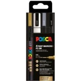 Marker UNI Posca PC-3M, varf rotund, 0. 9-1. 3mm, set 4 culori (negru, argintiu, auriu, alb)