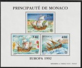 Monaco 1992 - Europa , Transporturi , Nave , Columb , colita dantelata , MNM , Mi.Bl.19, Organizatii internationale, Nestampilat