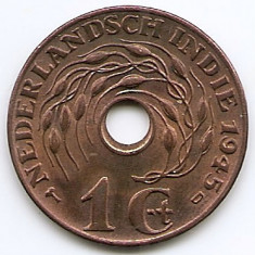 Indiile de Est Olandeze 1 Cent 1945 D - Wilhelmina, Bronz, 23.5 mm KM-317