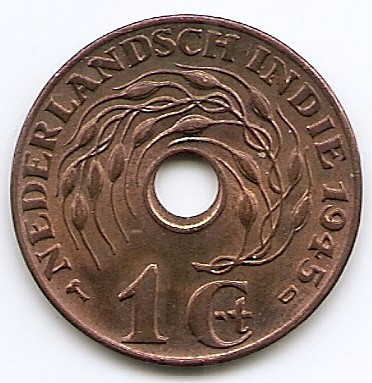 Indiile de Est Olandeze 1 Cent 1945 D - Wilhelmina, Bronz, 23.5 mm KM-317