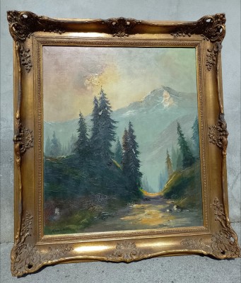 Ulei pe p&amp;acirc;nză peisaj montan,o lucrare foarte veche semnata foto
