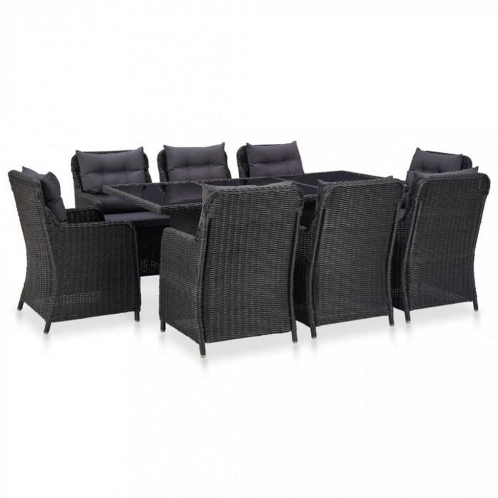 vidaXL Set mobilier de exterior, 9 piese, negru, poliratan