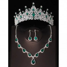 Set Diadema (Coronita) Mireasa, Model Regal cu Pietre si Strasuri, Colier si Cercei Verde- 33902