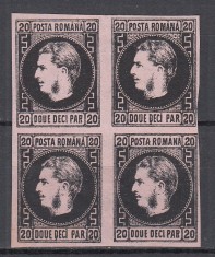 ROMANIA 1867 LP 20 c REGELE CAROL I CU FAVORITI 20 PARALE HARTIE SUBTIRE NEGRU/HARTIE ROZ BLOC DE 4 TIMBRE T1 T2 T4 T 5 LIPSA GUMA