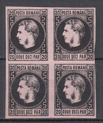 ROMANIA 1867 LP 20 c REGELE CAROL I CU FAVORITI 20 PARALE HARTIE SUBTIRE NEGRU/HARTIE ROZ BLOC DE 4 TIMBRE T1 T2 T4 T 5 LIPSA GUMA foto