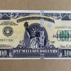 Bancnota $1 Million Dollars SUA de colectie cu elemente UV siguranta