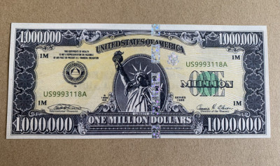 Bancnota $1 Million Dollars SUA de colectie cu elemente UV siguranta foto