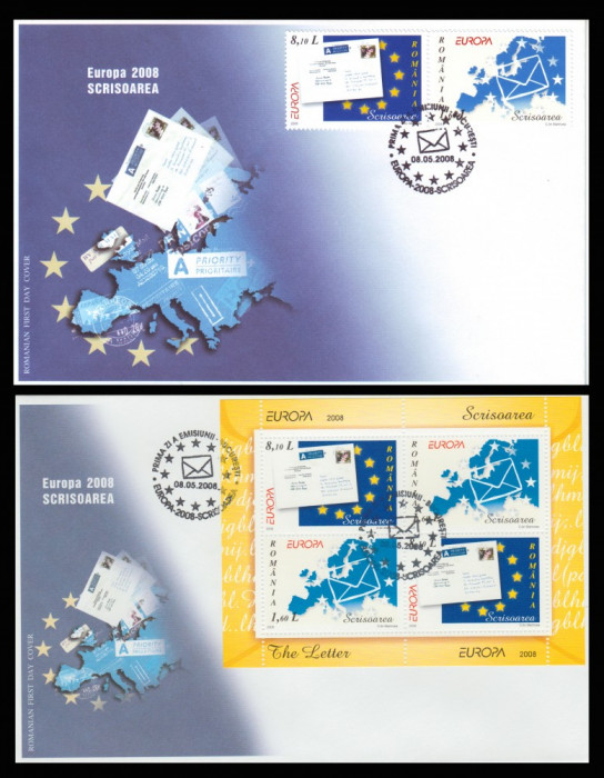 2008 Romania, 2 FDC EUROPA - Scrisoarea bloc si serie LP 1802 &amp; 1802 a, prima zi