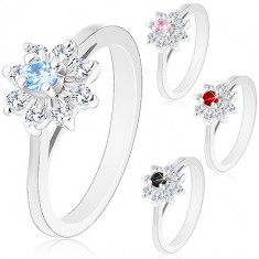 Inel lucios de culoare argintie, braţe înguste, zirconii în formă de floare - Marime inel: 51, Culoare: Roșu