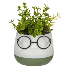 Ghiveci Decorativ Plastic, Model Față Z&acirc;mbitoare, Culoare Ecru și Verde, Dimensiuni 9.5x9.5x14cm, Plantă Artificială